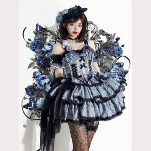 Black & blue embossed jacquard classic lolita dress JSK (UN260)